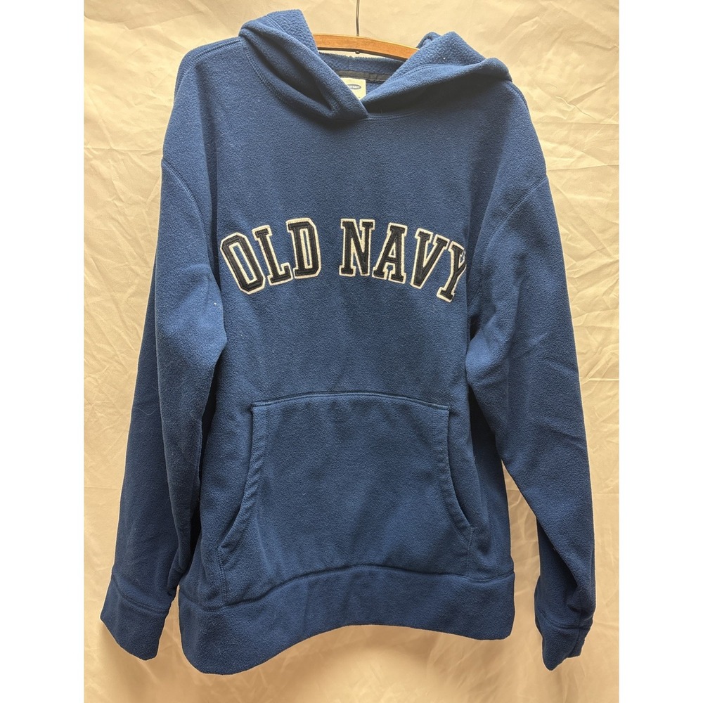 Old Navy Men's Large Blue Fleece Pullover Hoodie Embroidered Spellout Logo